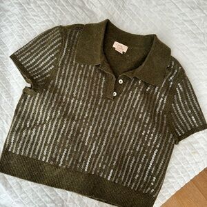 Camila Coelho Olive Sequin Polo Top